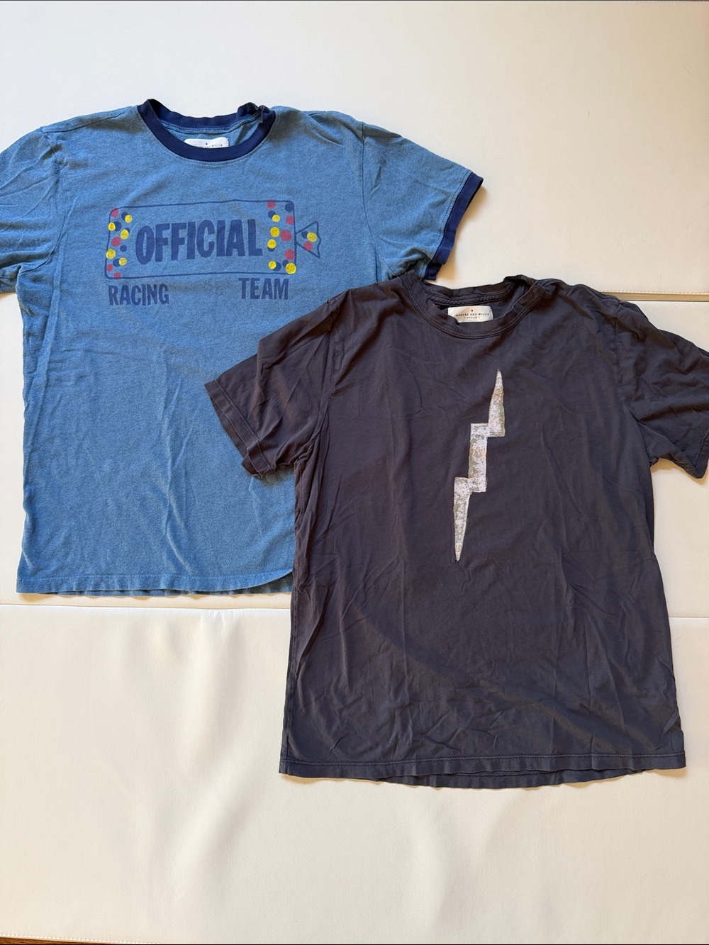 Imogene + Willie T-Shirt Lot of 2 | Blue Ringer & Charcoal Lightning Bolt